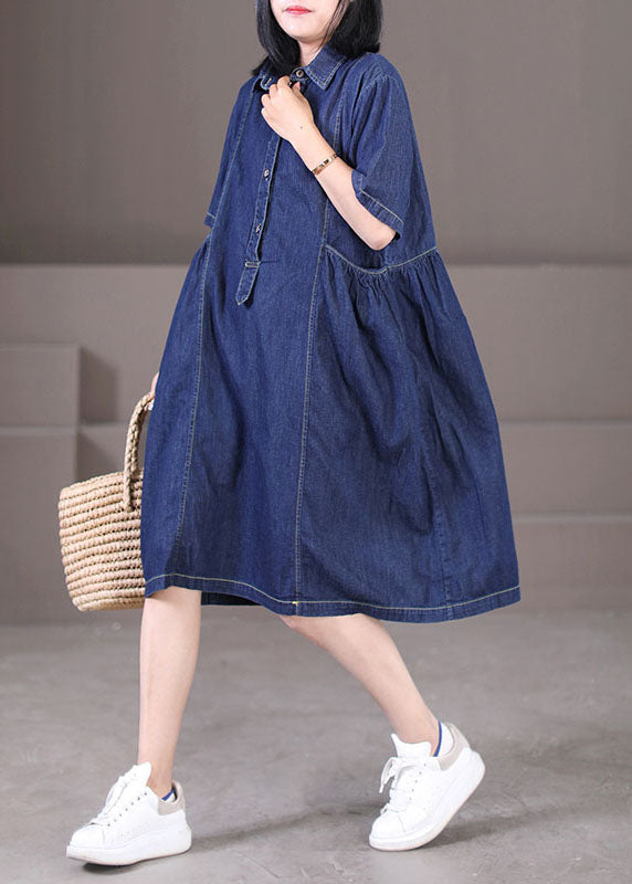 Denim Blue Peter Pan Collar Wrinkled Pockets Cotton Robe Dresses Short Sleeve