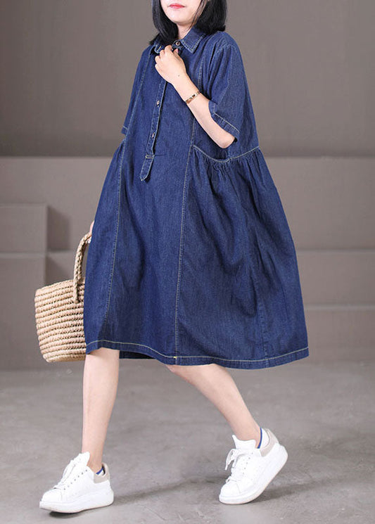 Denim Blue Peter Pan Collar Wrinkled Pockets Cotton Robe Dresses Short Sleeve