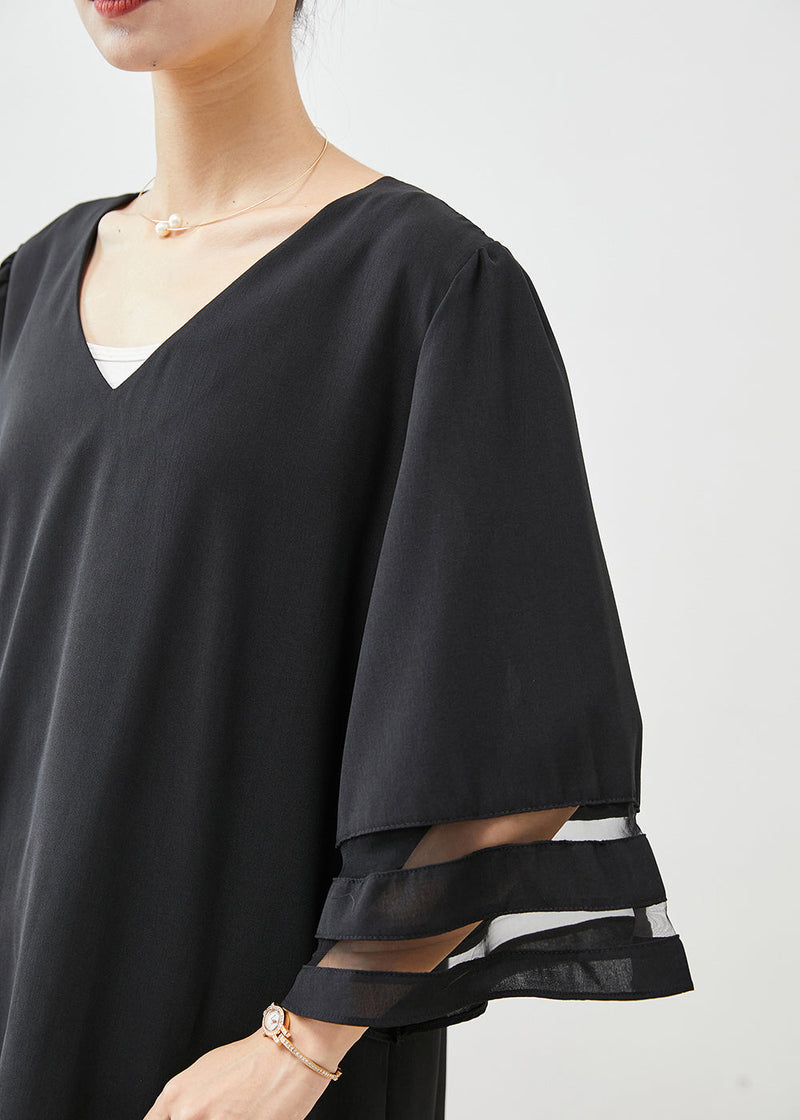Black V Neck Oversized Chiffon Tops Flare Sleeve