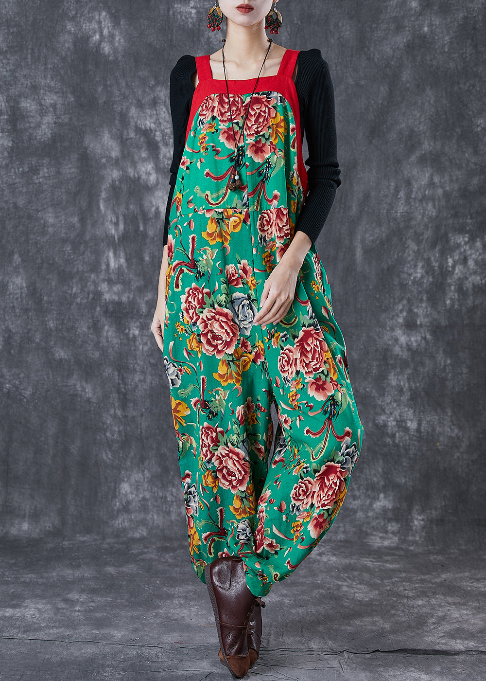 Green Oversized Print Cotton Overalls Jumpsuit Fall