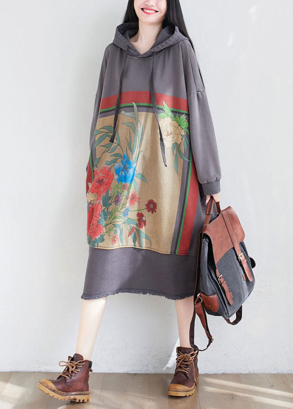 Unique Grey Drawstring Hooded Print Dresses Spring