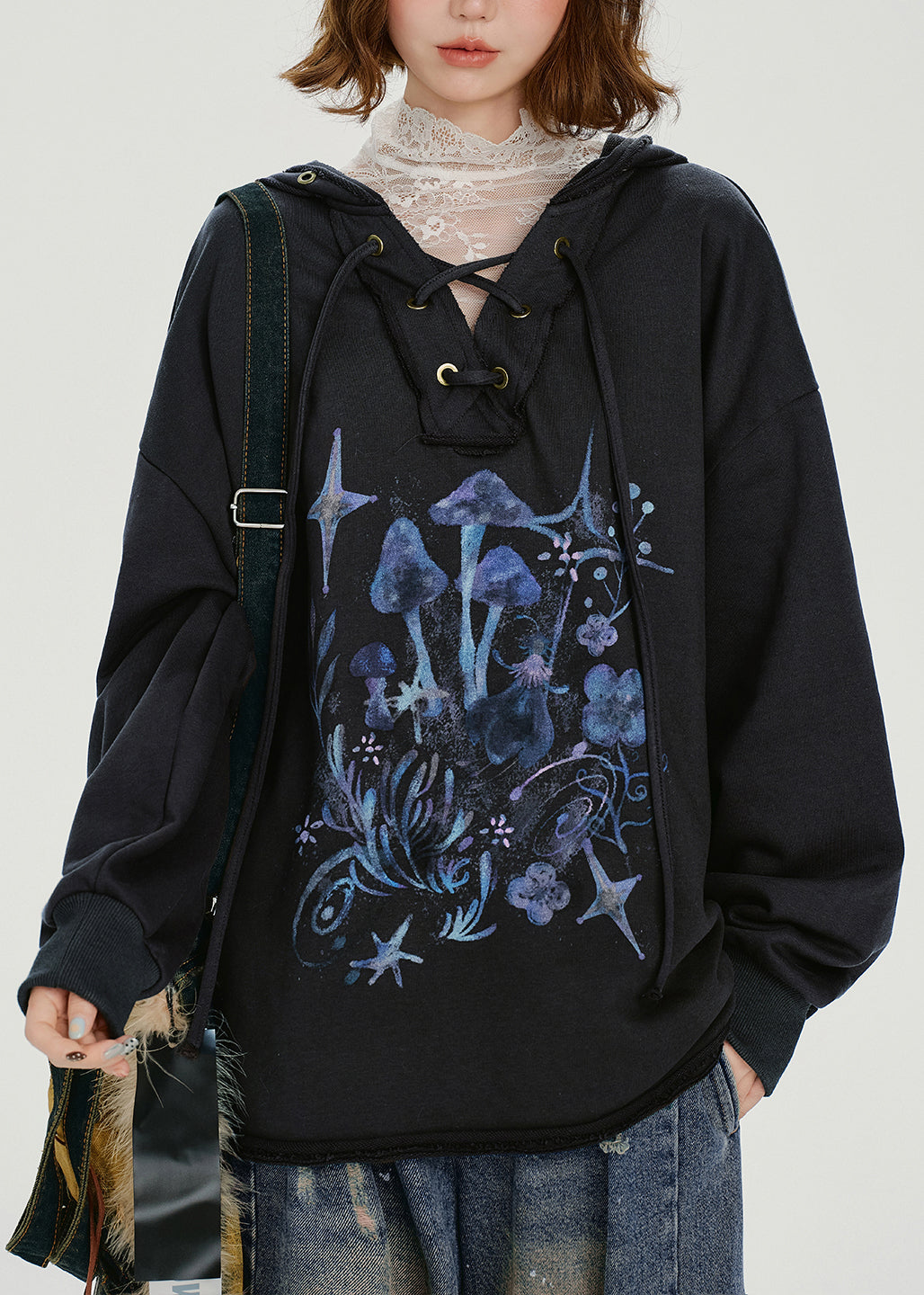 Dark Grey Hooded Print Cotton Pullover Sweatshirt Spring