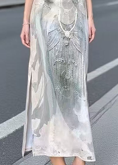 Print Tulle Patchwork Side Open Holiday Dress Sleeveless
