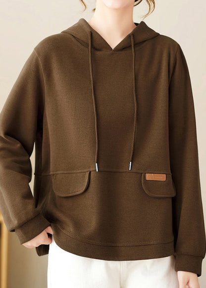 Coffee Hooded Patchwork Simple Cotton Pullover Fall