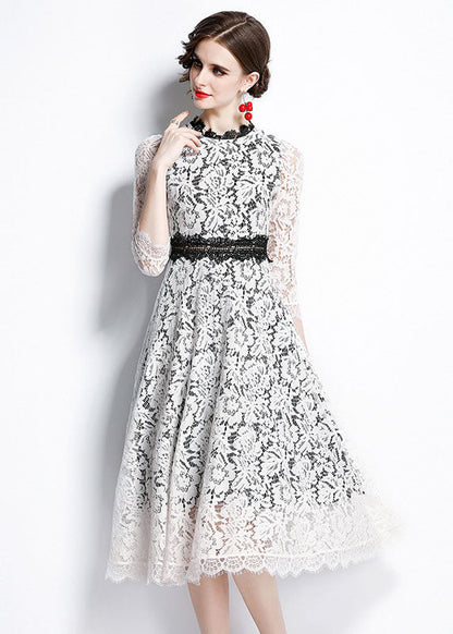 White O-neck Patchwork Lace Party Dress Bracelet Sleeve