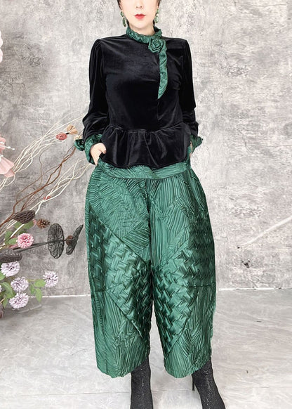 Green Patchwork Silk Velour Two Piece Set Spring