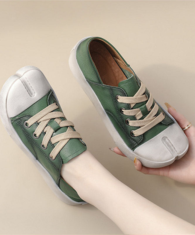 Green Flat Shoes Cowhide Leather Art Cross Strap Flat Shoes for