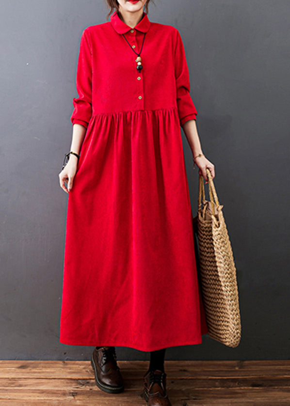 Blue Peter Pan Collar Wrinkled Corduroy Vacation Dresses Long Sleeve
