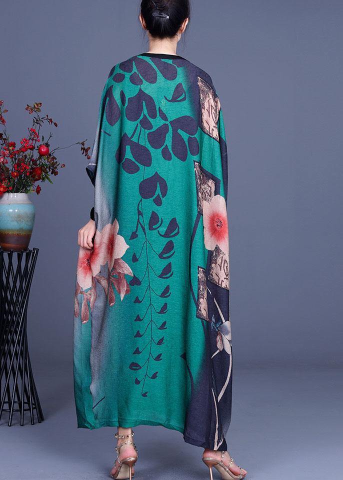 Diy Green Print Button V Neck Chiffon Dress Summer