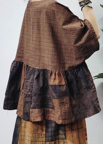 O-neck Wrinkled Patchwork Plaid Shirts Half Sleeve