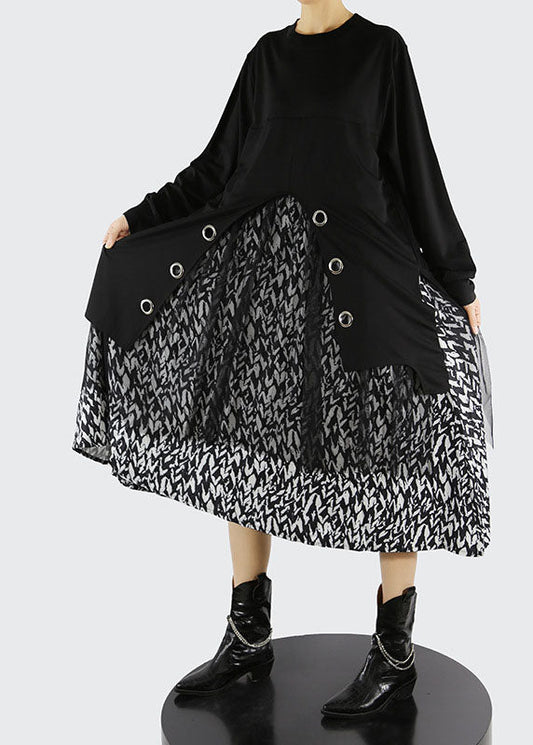 Italian Black O-neck Side Open Tulle Patchwork Dress Spring