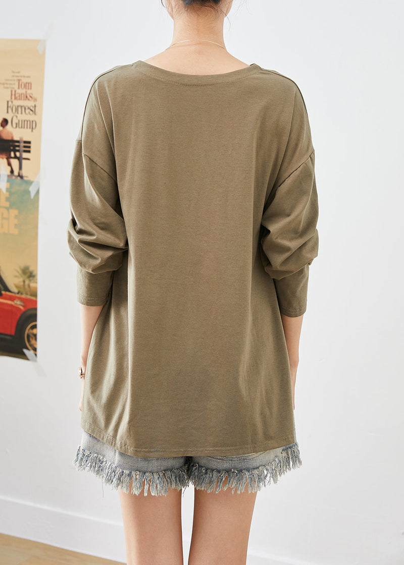 French Khaki Asymmetrical Design Cotton Blouses Fall