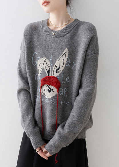 Grey Oversized Rabbit Jacquard Knit Pullover Winter