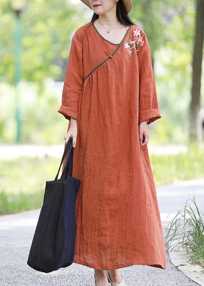 Orange V Neck Embroidery Linen Dress Long Sleeve