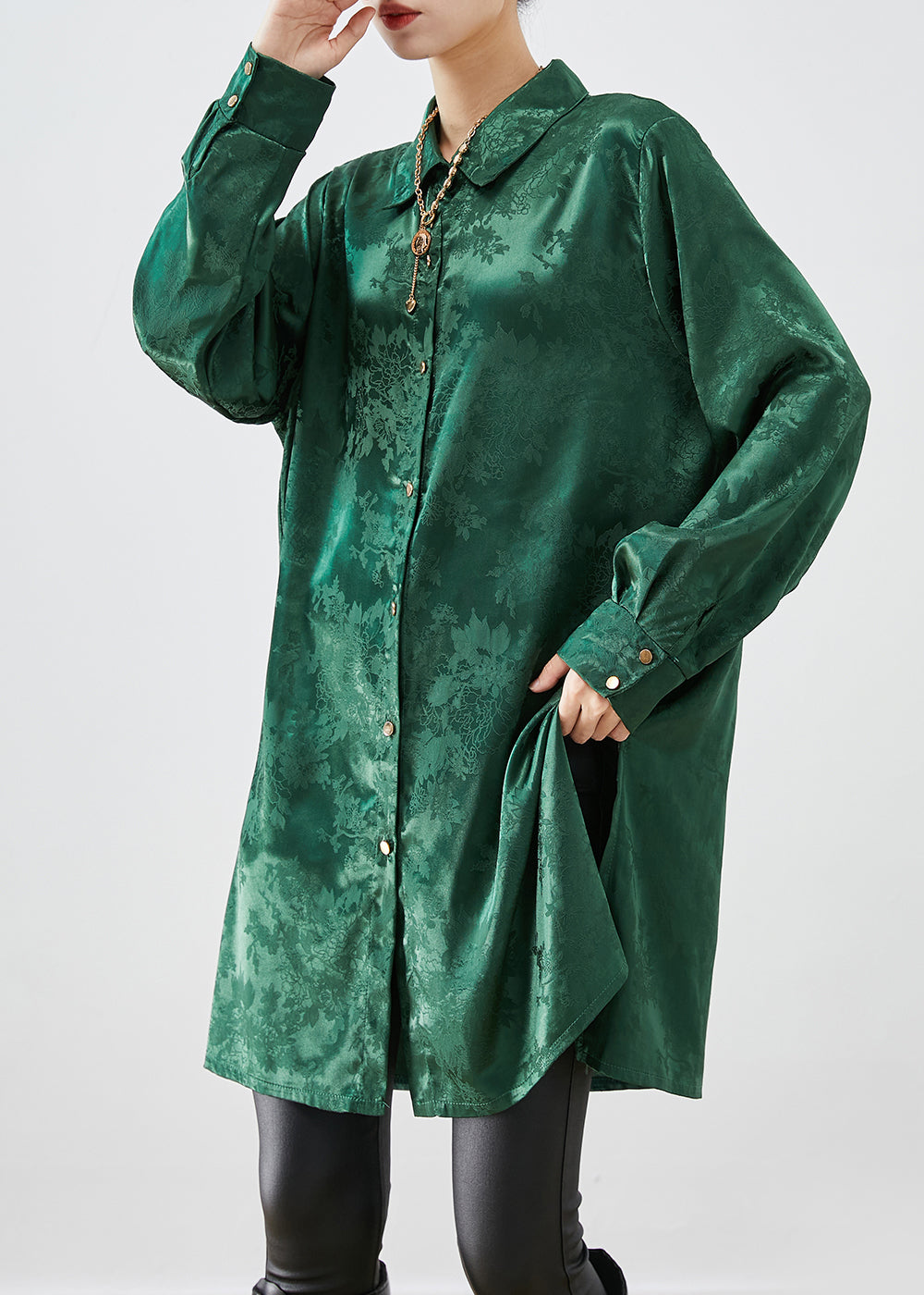 Diy Blackish Green Jacquard Side Open Draping Silk Long Shirt Fall