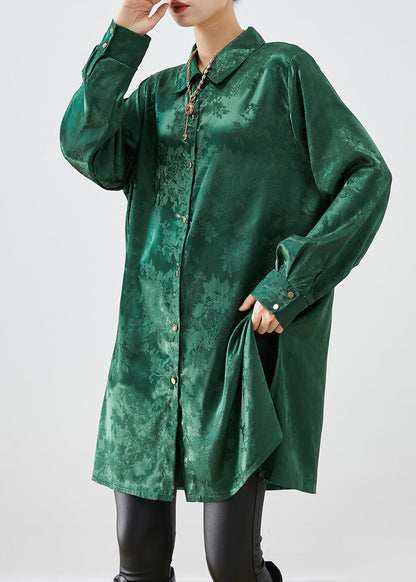 Diy Blackish Green Jacquard Side Open Draping Silk Long Shirt Fall