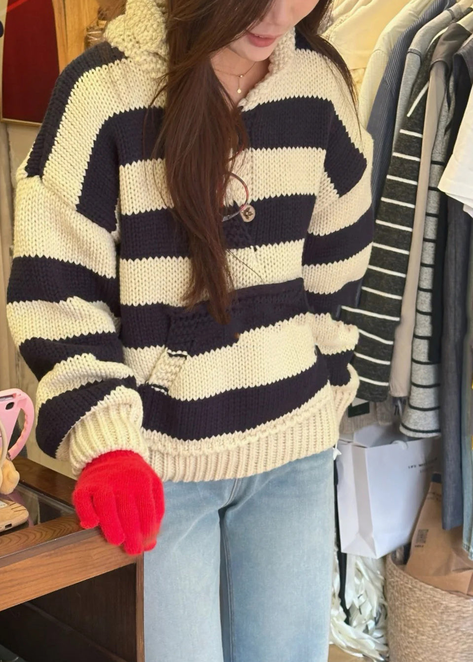 Red Oversized Striped Knit Sweaters Winter