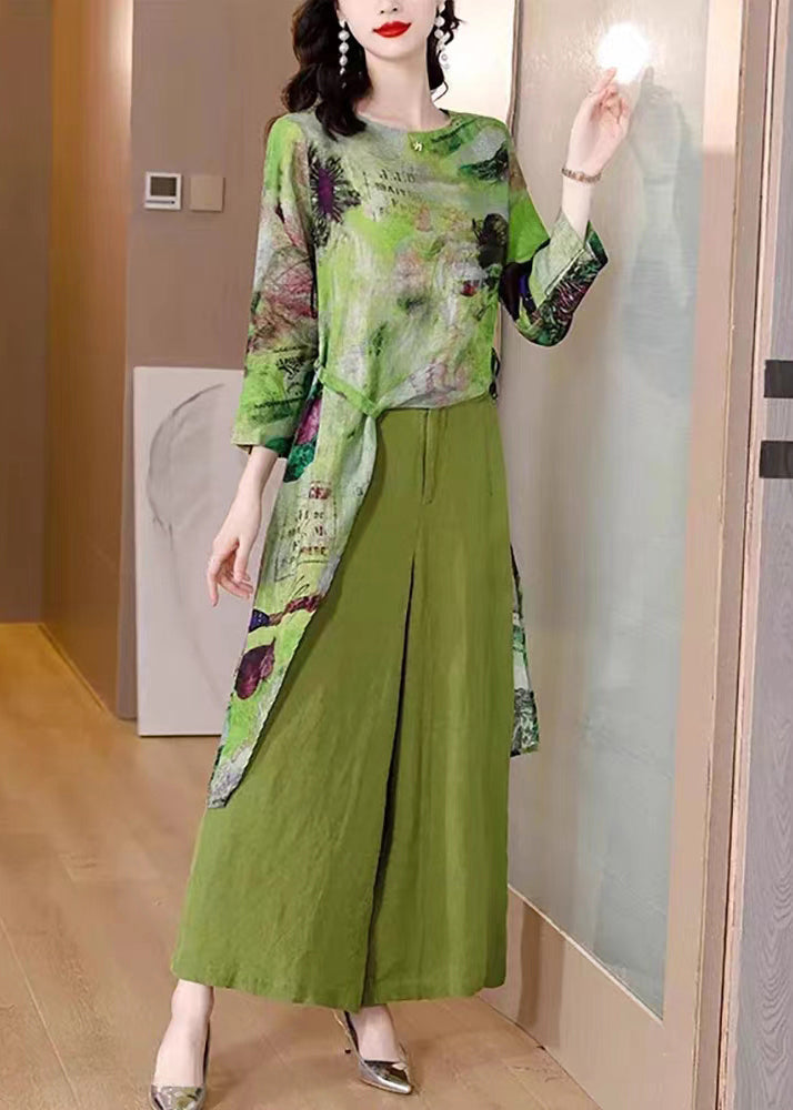 New Green Asymmetrical Print Tops and Wide Leg Pants Patchwork Linen Two Pieces Set Fall