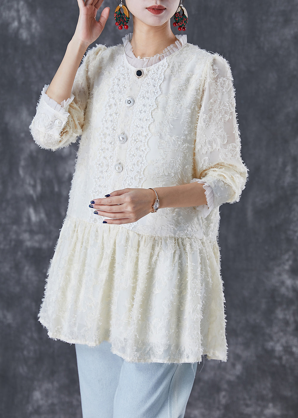 Beige Silm Fit Patchwork Lace Cotton Blouses Fall