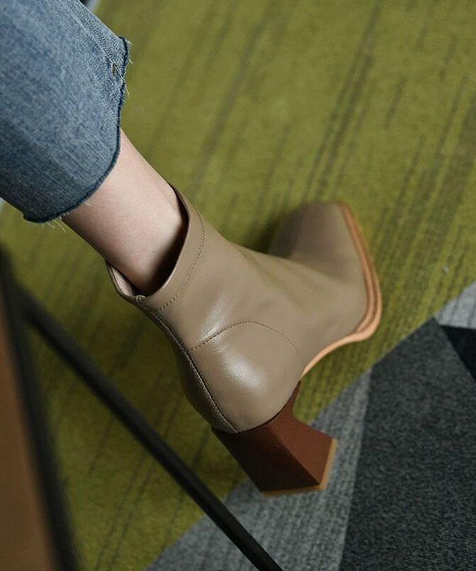 Khaki Zippered Faux Leather Boots High Heels