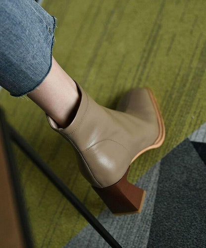 Khaki Zippered Faux Leather Boots High Heels