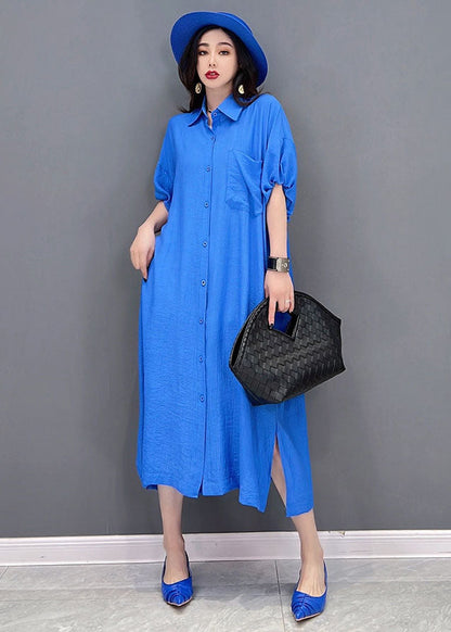 Baggy Blue Peter Pan Collar Oversized Cotton and Linen Shirt Dress Short Sleeve