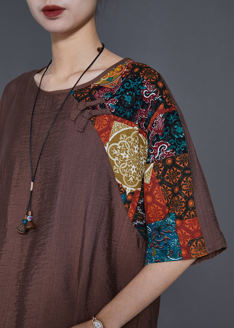 Coffee Chinese Button Patchwork Linen Two Pieces Set Summer