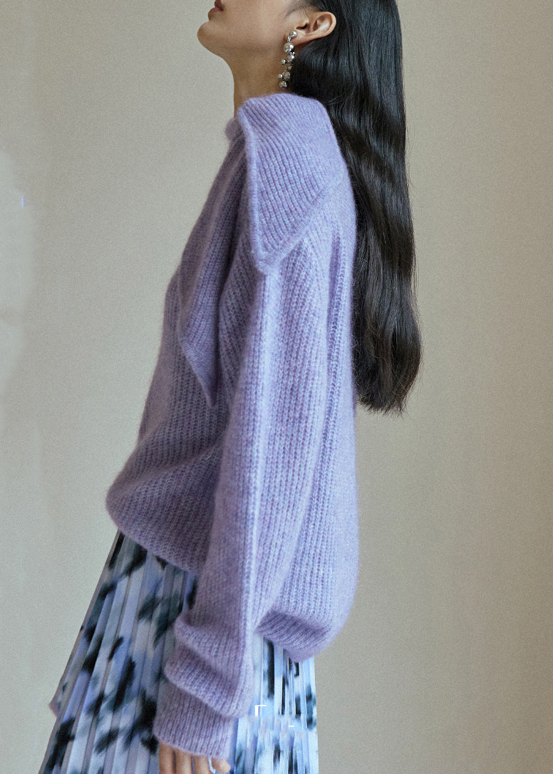 Purple Lace Up Patchwork Cozy Knit Sweaters Fall