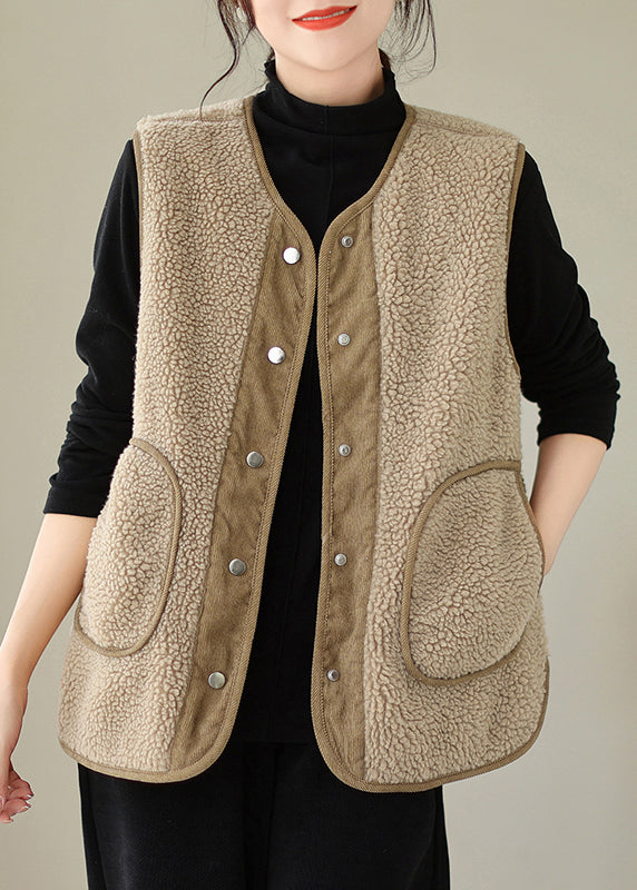 Brown Button Pockets Teddy Faux Fur Waistcoat Sleeveless