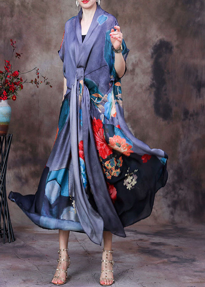 Fitted Grey V Neck Asymmetrical Print Silk Maxi Dresses Two Piece Set Clothing Short Sleeve