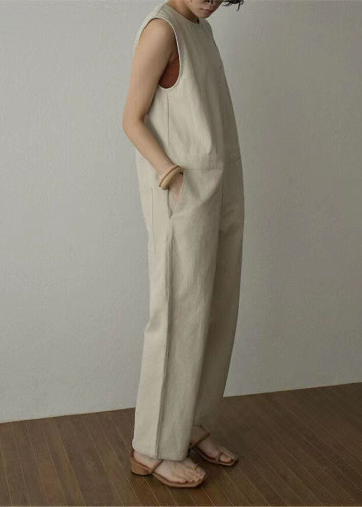Apricot Pockets Patchwork Cotton Wide Leg Jumpsuits Sleeveless