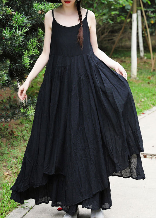Black Asymmetrical Design Cotton Spaghetti Strap Dress Summer