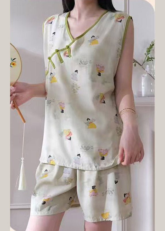 New Light Green Patchwork Side Open Pajamas Sets