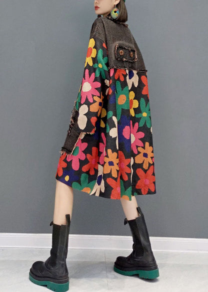 Black Oversized Patchwork Print Cotton Denim Dress Spring