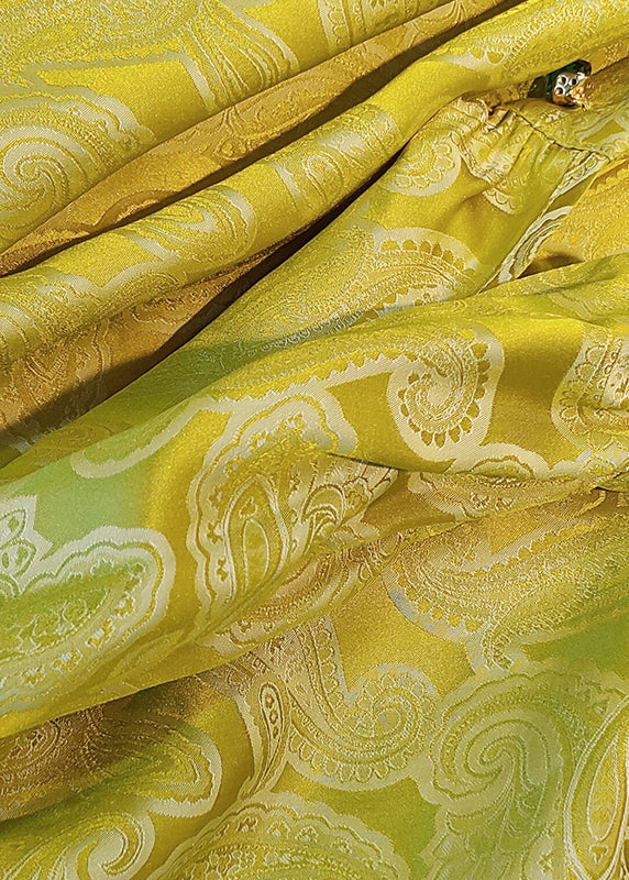 Fine Yellow Stand Collar Jacquard Silk Blouses Long Sleeve