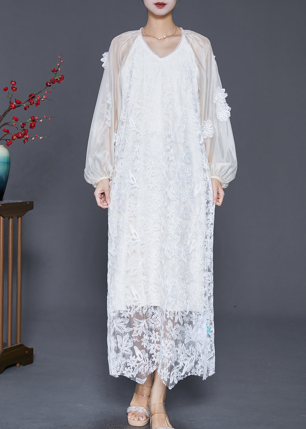 French White Stereoscopic Lace Long Dresses Fall
