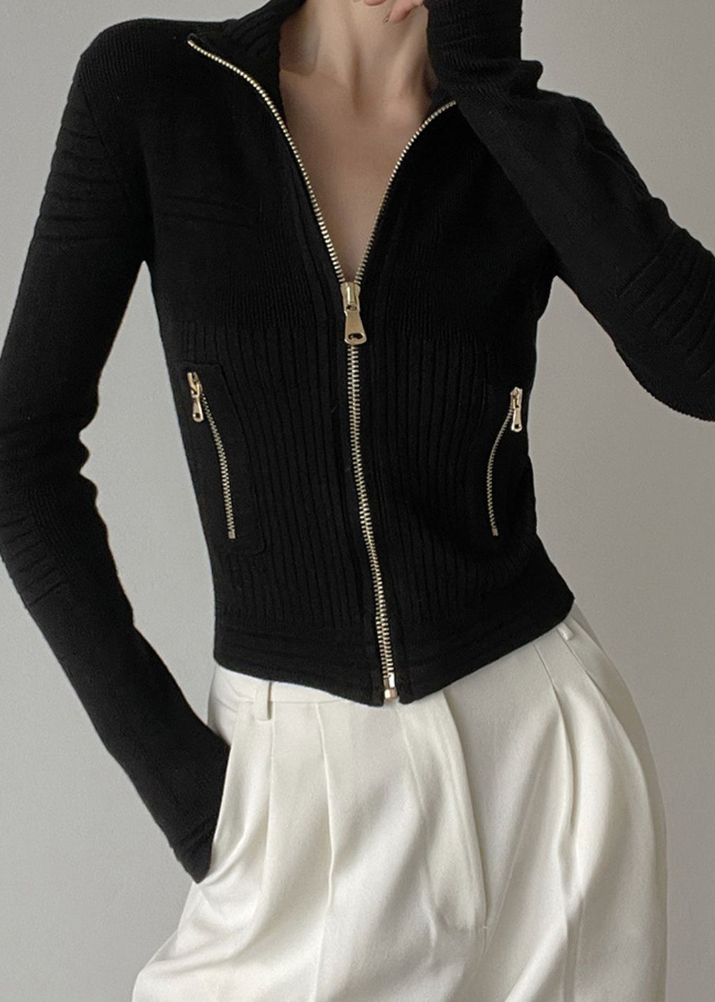 White Stand Collar Zip Up Patchwork Woolen Knit Cardigans Winter