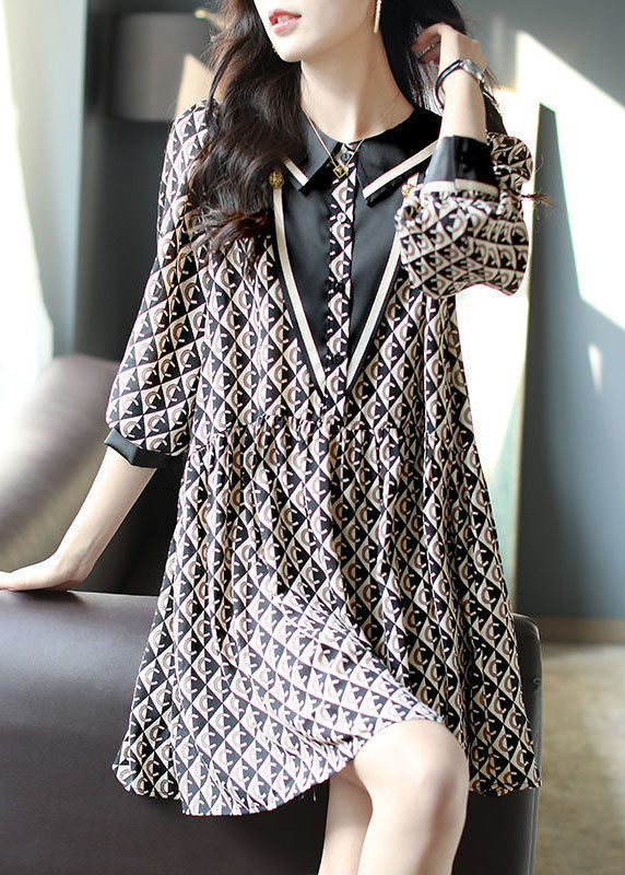 Black Peter Pan Collar Print Patchwork Chiffon Dresses Spring