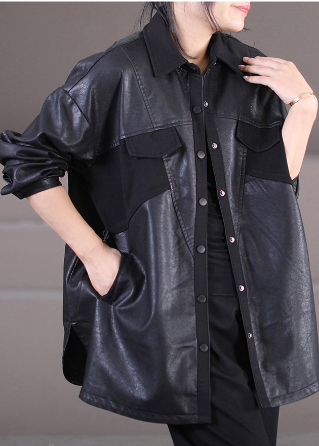 Black Oversized Patchwork Faux Leather Coat Outwear Spring