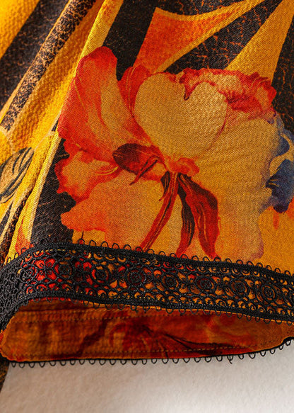 Yellow O-neck Lace Patchwork Wrinkled Silk a Line Dresses Short Sleeve