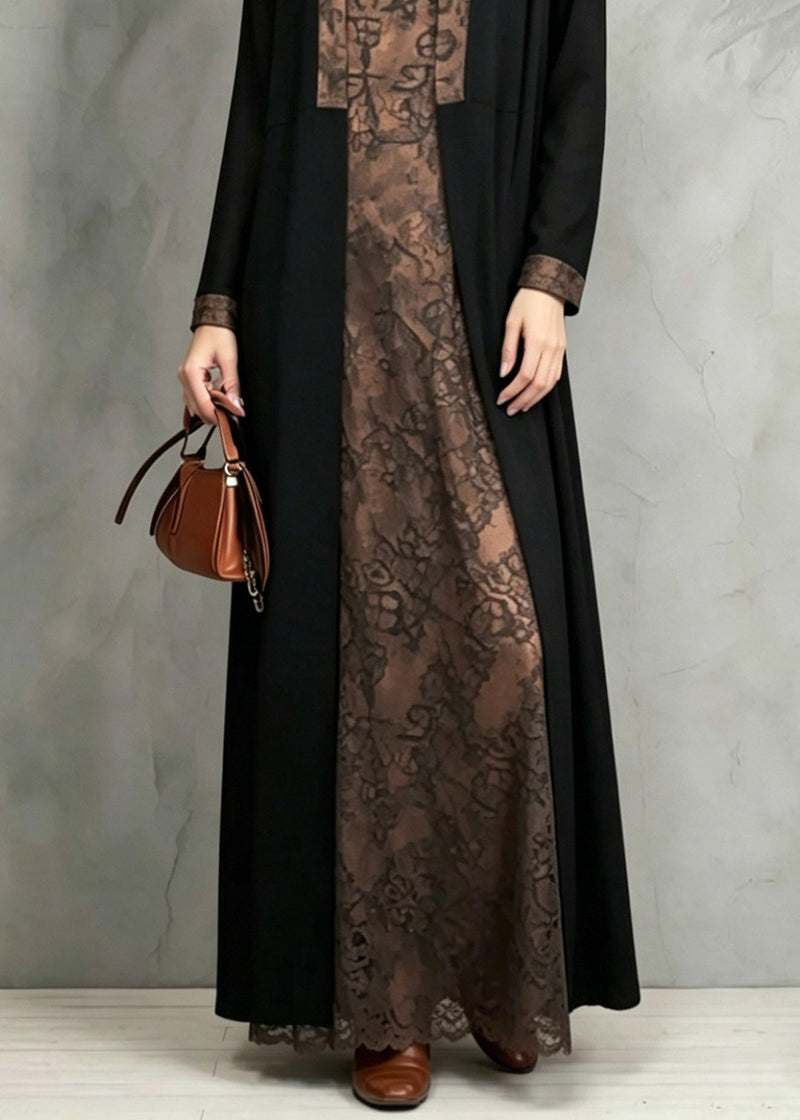Patchwork Print Waistcoat and Long Dress Two Pieces Set Fall