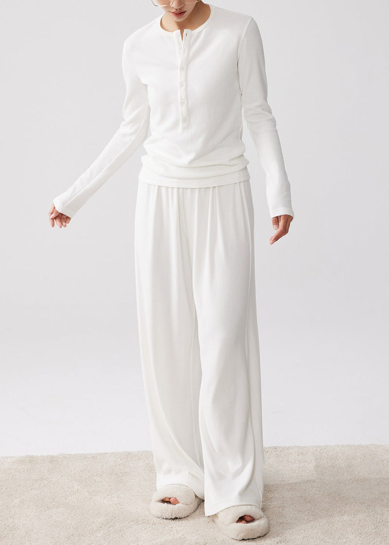 Simple White O Neck Button T Shirt and Wide Leg Pants Cotton Two-piece Set Fall