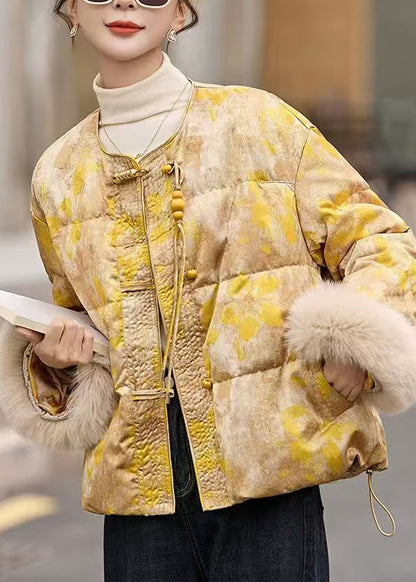 Yellow Oriental Button Fur Patchwork Duck Down Jacket Winter