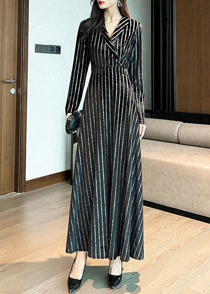 Slim Fit Black Notched Striped Maxi Dresses Long Sleeve