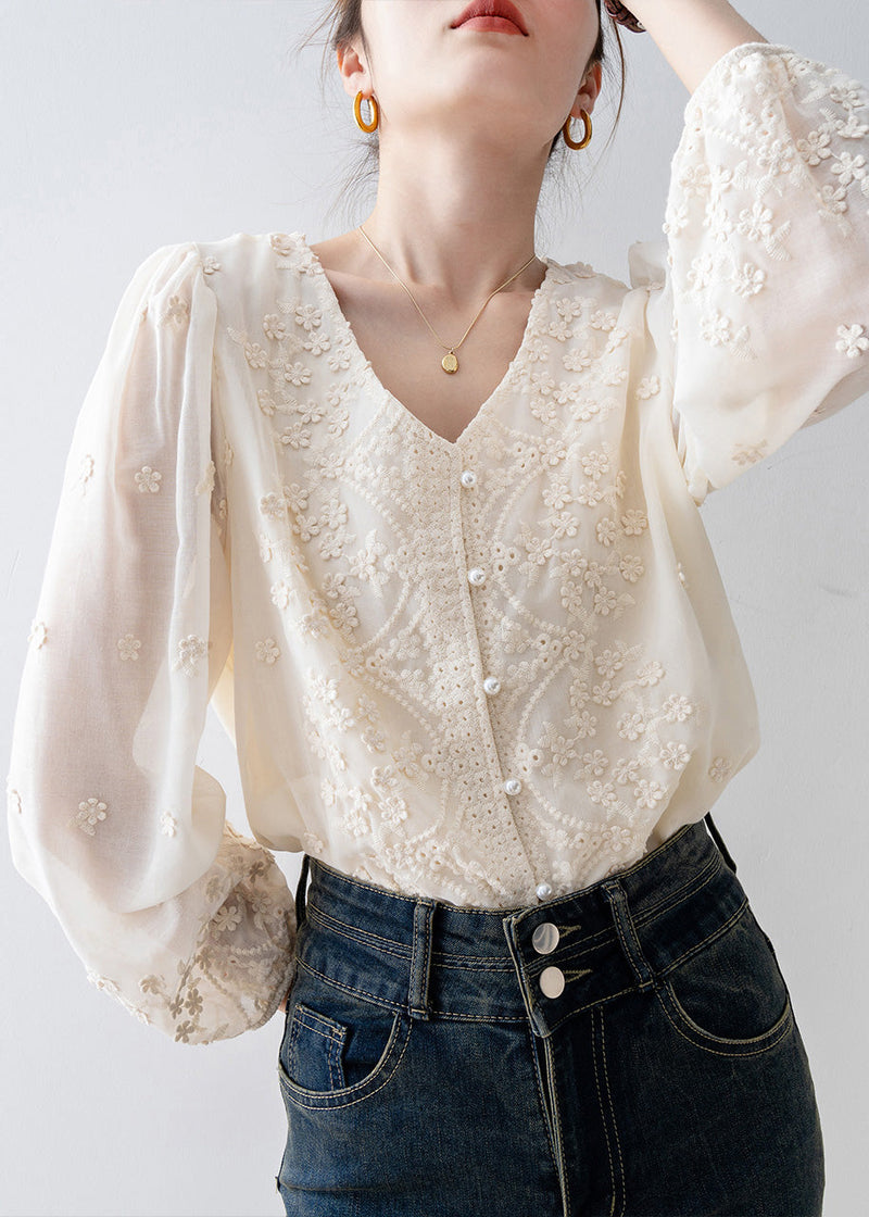 Organic Beige Embroidered Nail Bead Chiffon Shirt Tops Spring