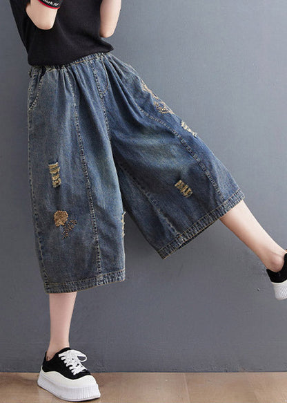 Blue Embroidered Hole Crop Jeans