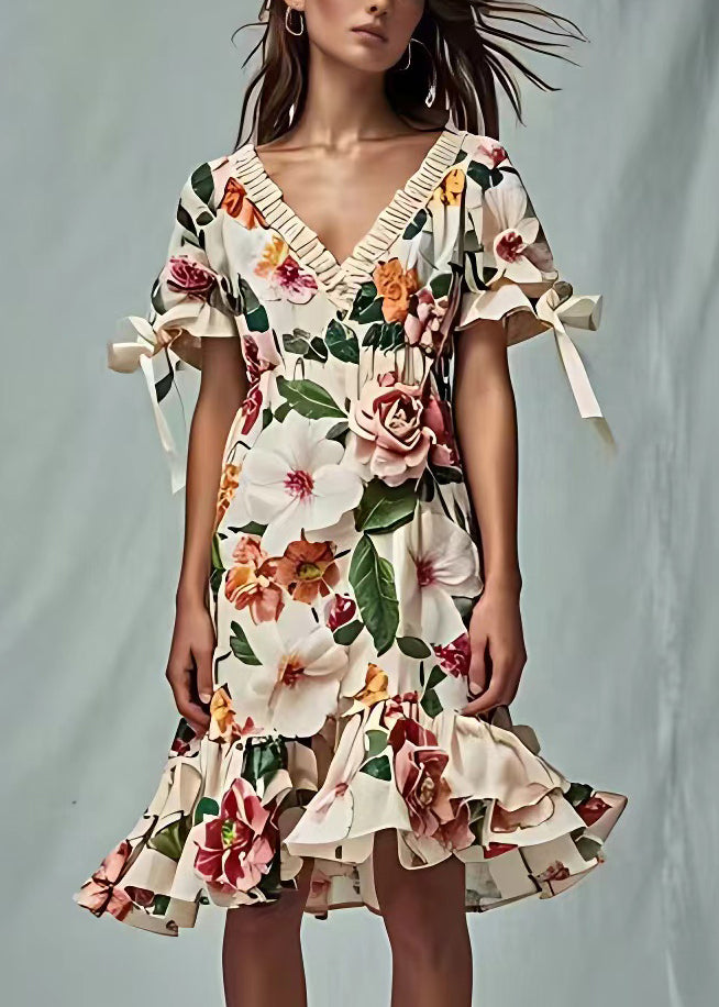 Beige V Neck Print Cotton Dresses Short Sleeve