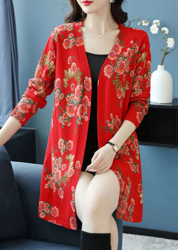 Red V Neck Print Wool Knit Cardigan Long Sleeve