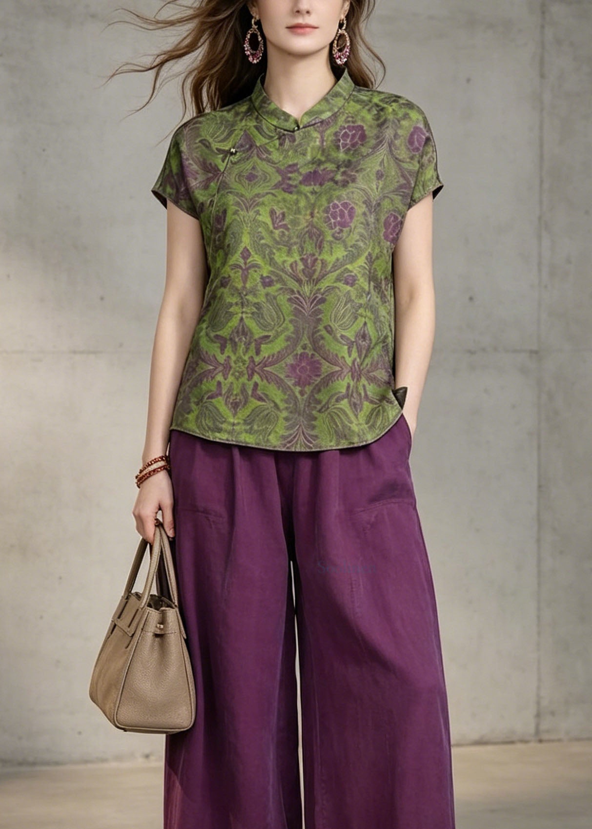 Green Print Top and Purple Pants Cotton Two Pieces Set Summer