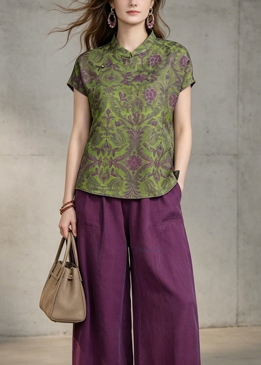 Green Print Top and Purple Pants Cotton Two Pieces Set Summer